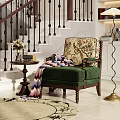 Single Sofa With Green Cushion Floral Backrest Wooden Frame And Colorful Blanket By Side Table