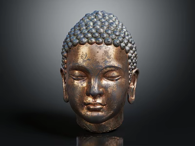 Antique Buddha Head Sculpture With Beaded Ushnisha And Serene Bronze Face 3d model