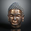 Antique Buddha Head Sculpture With Beaded Ushnisha And Serene Bronze Face