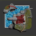 Whimsical Cartoon Scene With Water Faucet Small House Red Roof Rock Pool Rope And Grass