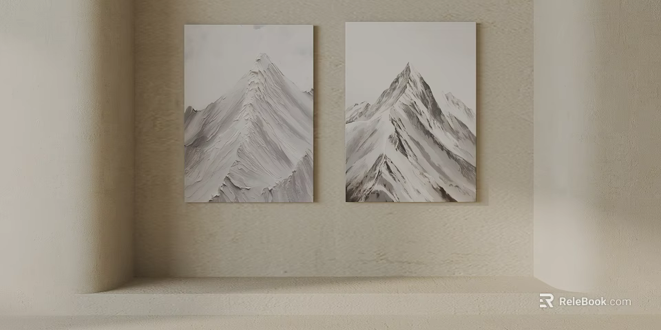 Two Snow Mountain Paintings Hanging On Beige Wall For Interior Decor 3d model