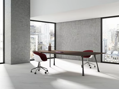 Modern Conference Table With Red Chairs Gray Walls And City View Through Large Windows 3d model