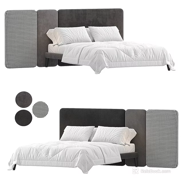Modern Double Bed with Black Headboard White Bedding and Decorative Side Panels 3d model