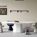 Modern Dining Set with Round White Table and Mixed Chairs Pendant Light and Artwork 3d model