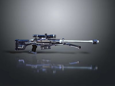 Blue And Silver Gun With Scope As Household Item Placed On Black Reflective Surface 3d model