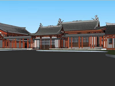 Ancient Architecture Classic Roof Design With Wooden Structure And Courtyard View 3d model