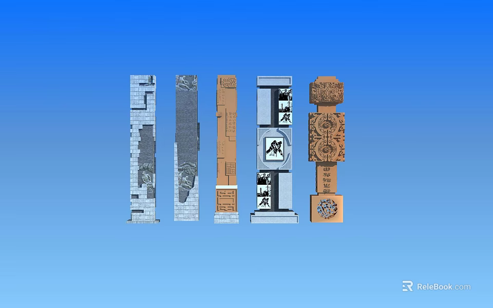 Five Decorative Columns With Different Designs And Carved Patterns On Blue Background 3d model 