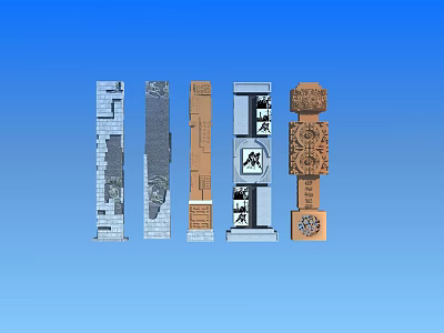 Five Decorative Columns With Different Designs And Carved Patterns On Blue Background 3d model