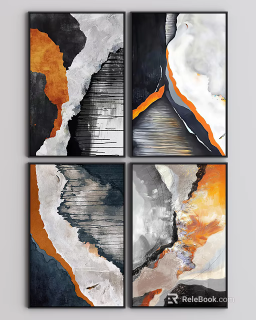 Modern Abstract Paintings with Orange Black White Gray Brush Strokes 3d model 