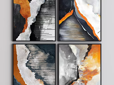 Modern Abstract Paintings with Orange Black White Gray Brush Strokes 3d model