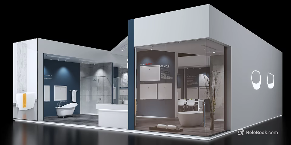Modern Exhibition Booth Displaying Bathroom Products With Glass Walls Bathtubs Vanities And Tiles 3d model 
