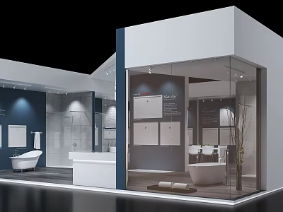 Modern Exhibition Booth Displaying Bathroom Products With Glass Walls Bathtubs Vanities And Tiles 3d model