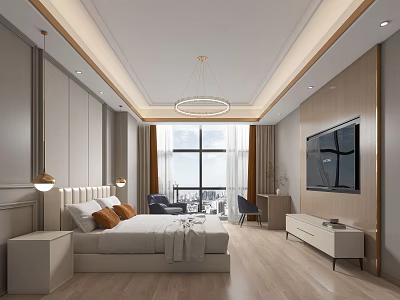 Modern Minimalist Bedroom Interior With King Size Bed TV Cabinet And Pendant Light 3d model