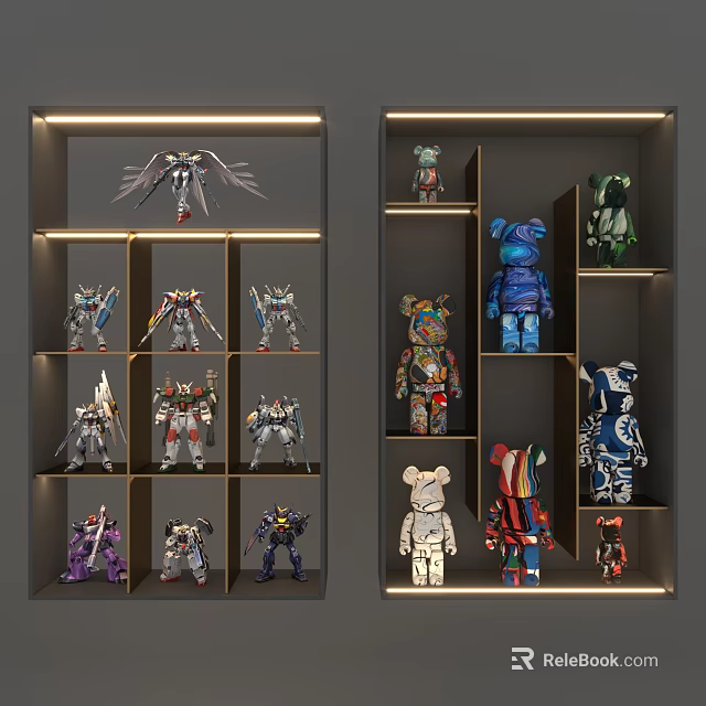 Decorative Ornament Display Collection With Colorful Bear Figurines And Robot Model Figures On Display Shelves 3d model 