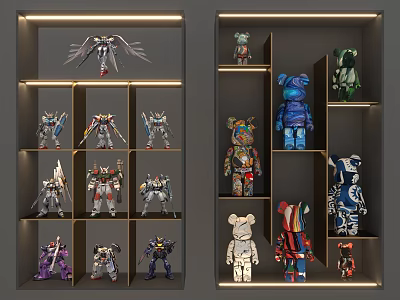 Decorative Ornament Display Collection With Colorful Bear Figurines And Robot Model Figures On Display Shelves 3d model