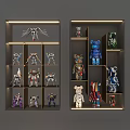 Decorative Ornament Display Collection With Colorful Bear Figurines And Robot Model Figures On Display Shelves