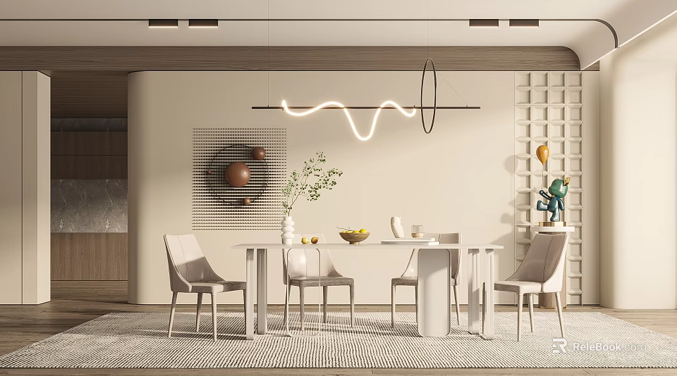 Modern Dining Table Set With White Table Chairs Decorative Art And Lighting 3d model