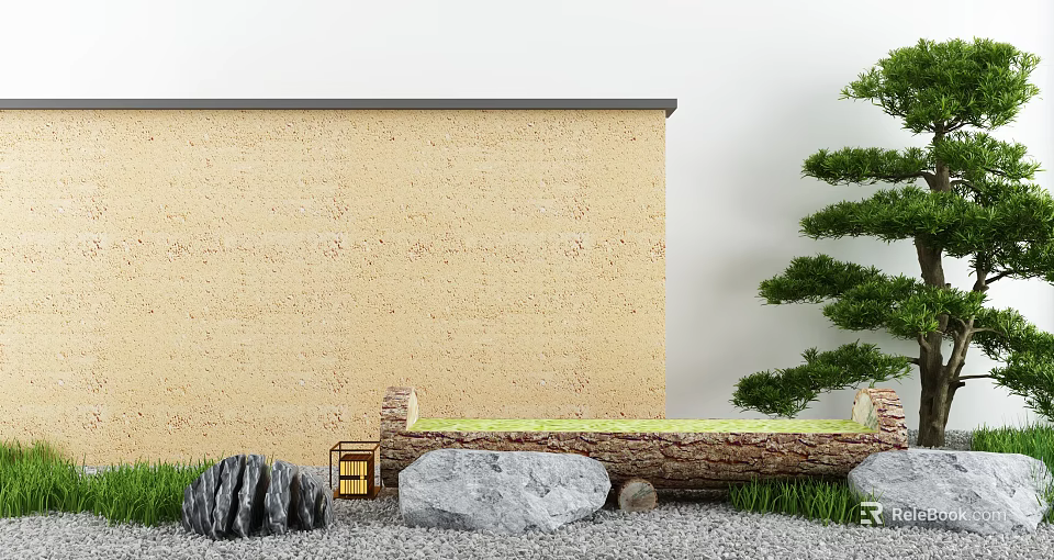 Courtyard Garden Featuring Tan Stone Wall Green Bench Large Rocks Small Lantern and Pine Tree 3d model