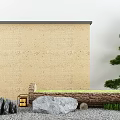 Courtyard Garden Featuring Tan Stone Wall Green Bench Large Rocks Small Lantern and Pine Tree 3d model