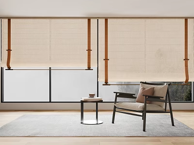 Beige Linen Curtains For Cozy Modern Living Room With Armchair Small Table And Rug 3d model