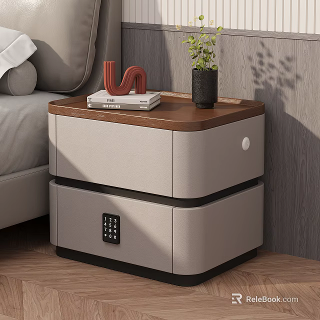 Modern Nightstand with Wooden Top Books Small Plant Decorative Ornament Two Drawers Including Combination Lock 3d model 