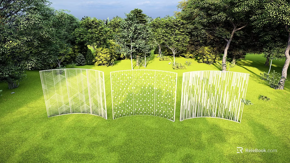 Outdoor White Decorative Room Divider With Green Lawn And Trees In Garden 3d model 
