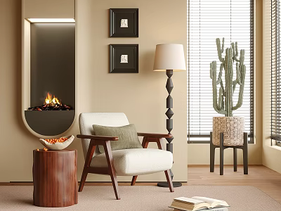 White Accent Chair With Wooden Armrests Near Fireplace Floor Lamp And Cactus 3d model