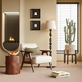 White Accent Chair With Wooden Armrests Near Fireplace Floor Lamp And Cactus