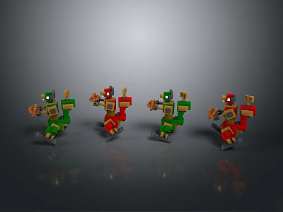 Four Green And Red Mechanical Game Movie Characters In Running Poses 3d model