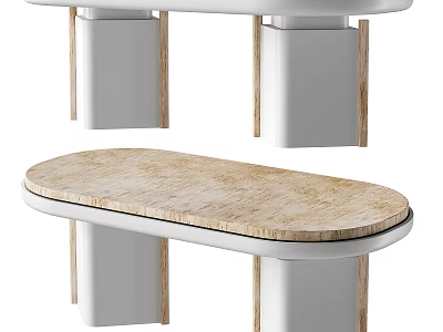 Sleek Modern Oval Dining Table With Wooden Grain Top And White Cylindrical Legs 3d model