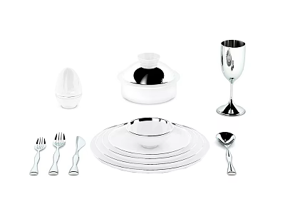 Elegant Silver Dinnerware Set Including Plates Bowls Forks Spoons Wine Glass And Covered Container 3d model