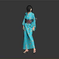 Woman In Blue Kimono With Floral Patterns Red Obi Short Black Hair High Heels