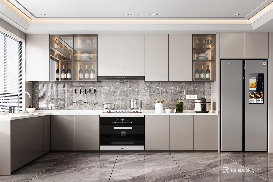 Modern Kitchen Interior With Gray Cabinets Marble Countertop Built-in Appliances And Refrigerator 3d model 