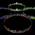 Modern Background Wall With Blue Green Brown Circular Urban Buildings Gray Sky And Water Reflection