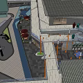 Modern Commercial Landscape With Geometric Buildings Central Plaza Green Spaces And Pedestrian Walkways