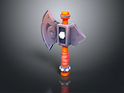 Fantasy Battle Axe With Orange Handle Red Wrapping Gray Blade And White Gem Core 3d model