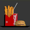 Cheeseburger With Sesame Bun Red Packaged French Fries And Coca Cola Drink With Straw On Paper Plate