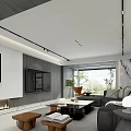 Elegant Modern Living And Dining Room Interior With Marble Walls Black Leather Sofa And Fireplace