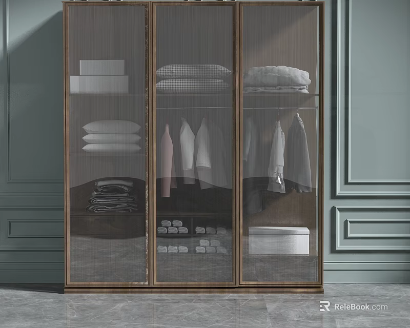 Modern Wooden Wardrobe with Transparent Glass Doors for Hanging and Folded Clothes Storage 3d model 