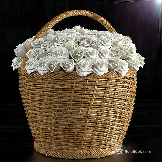 Elegant Decorative Ornament Set with Wicker Basket Filled with White Roses 3d model 