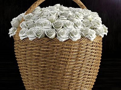 Elegant Decorative Ornament Set with Wicker Basket Filled with White Roses 3d model