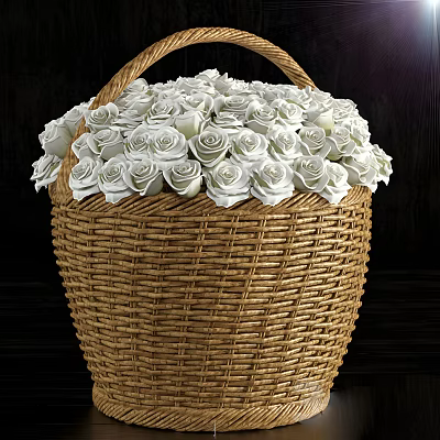 Elegant Decorative Ornament Set with Wicker Basket Filled with White Roses 3d model
