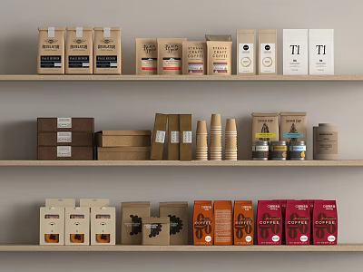 Various Coffee Packaging Products On Shelves With Different Designs And Colors 3d model