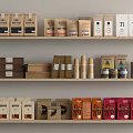 Various Coffee Packaging Products On Shelves With Different Designs And Colors 3d model