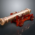 Detailed Vintage Brass Cannon Model With Red Wooden Carriage And Wheels
