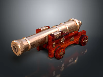 Detailed Vintage Brass Cannon Model With Red Wooden Carriage And Wheels 3d model