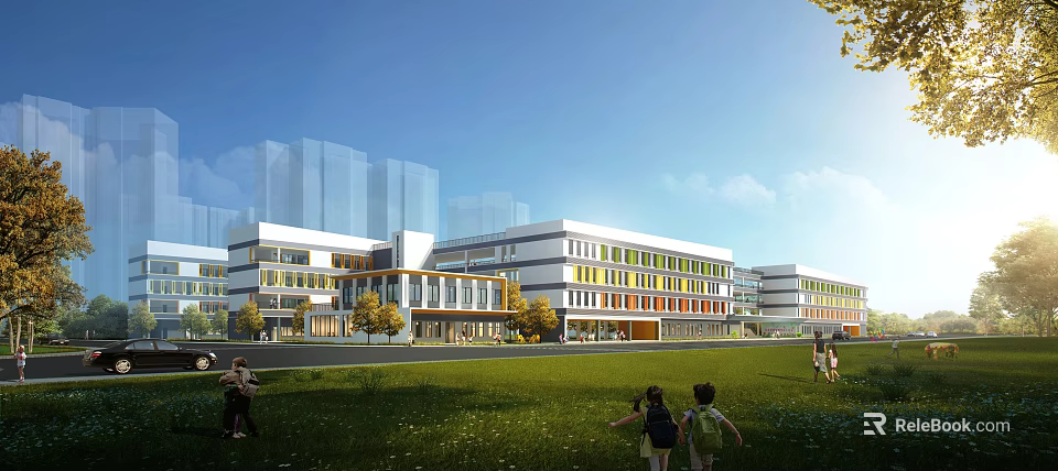 Modern School Building Exterior With Colorful Windows Green Lawn And Students Playing 3d model 