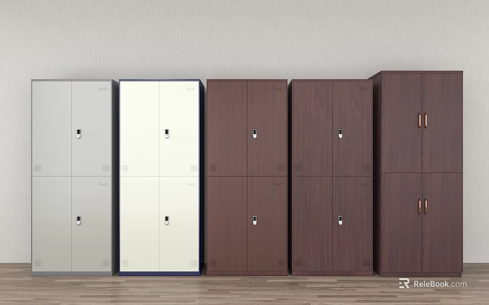Various Colored Storage Lockers With Diverse Finishes And Locks Arranged In Row For Office Use 3d model 