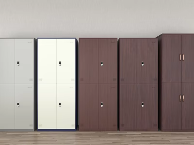 Various Colored Storage Lockers With Diverse Finishes And Locks Arranged In Row For Office Use 3d model