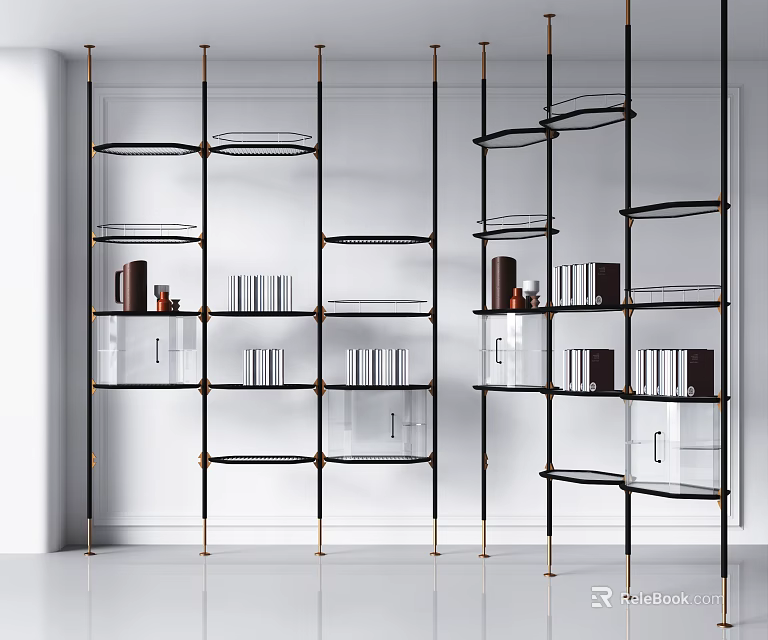 Modern Open Bookcase With Black Metal Frame And Glass Shelves For Home 3d model 